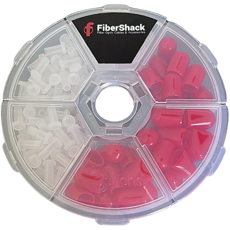 Fibershack - Fiber Optic Dust Cap Kit - Dual Fiber Dust Cap Kit Contains 200x 2.5mm Clear FC/SC/ST Optical Cable Covers & 50x Red ST Bulkhead Port Covers - in a Durable Snap Lock Carry case - Image 1